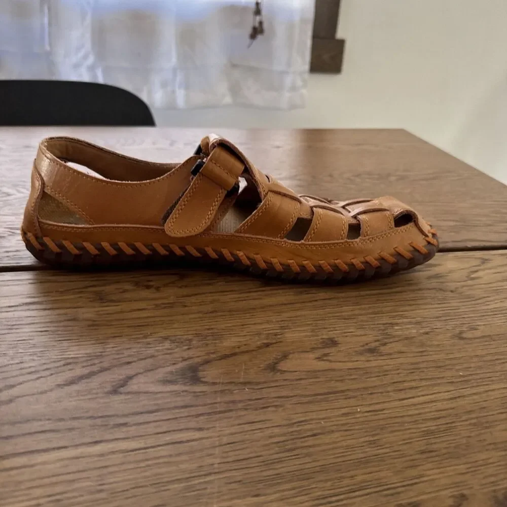 Men’s Tan Leather Closed Toe Fisherman Sandals Basket Weave Comfort Size 11 1/2